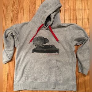 Global Culture Gray Hoodie with Red Accents Kiwi DJ on Record player SZE L